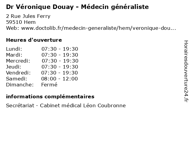 Dr Véronique Douay - Médecin généraliste à Hem: adresse et heures d'ouverture