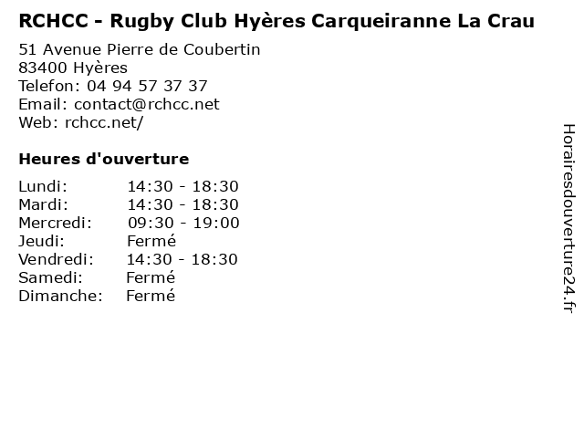 RCHCC - Rugby Club Hyères Carqueiranne La Crau à Hyères: adresse et heures d'ouverture