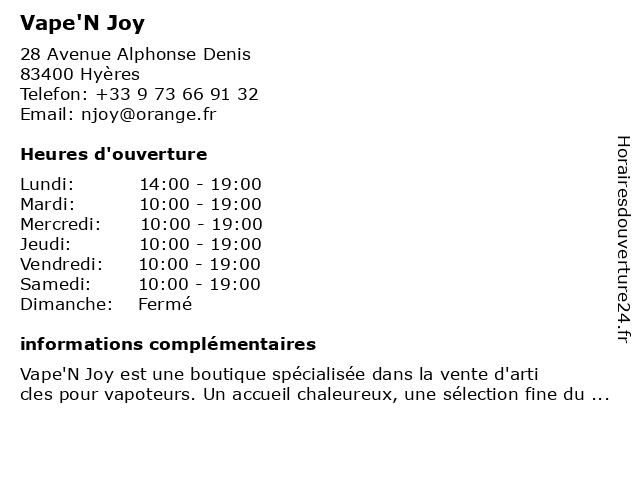 Vape'N Joy à Hyères: adresse et heures d'ouverture