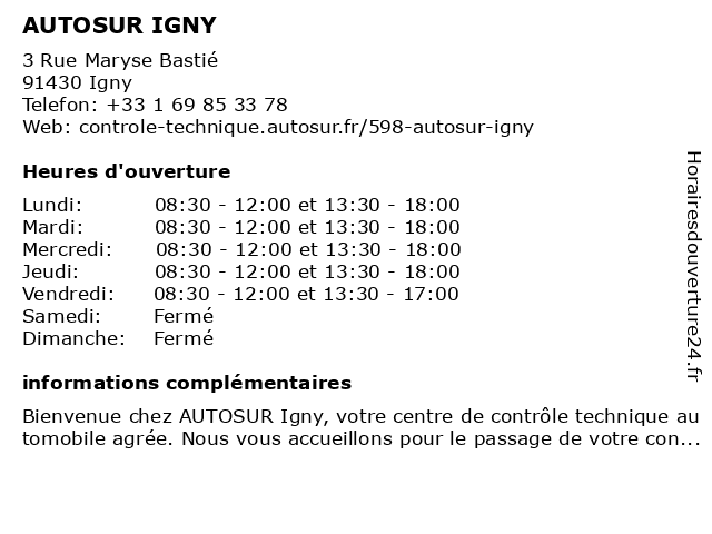 AUTOSUR IGNY à Igny: adresse et heures d'ouverture