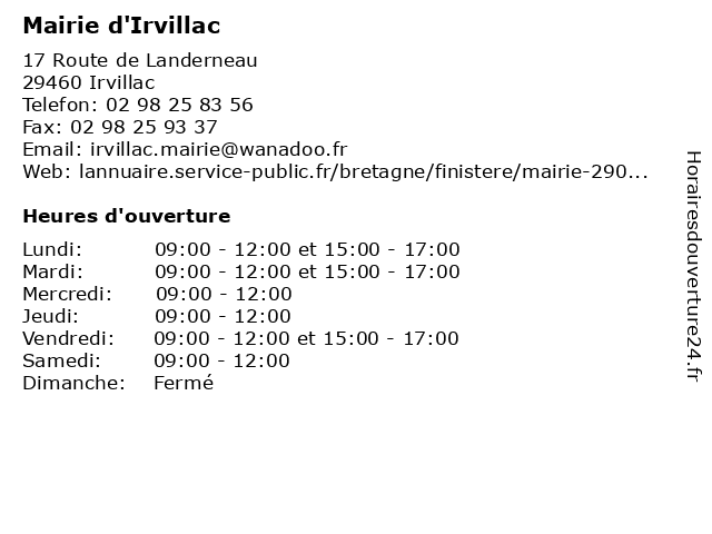 Mairie d'Irvillac à Irvillac: adresse et heures d'ouverture