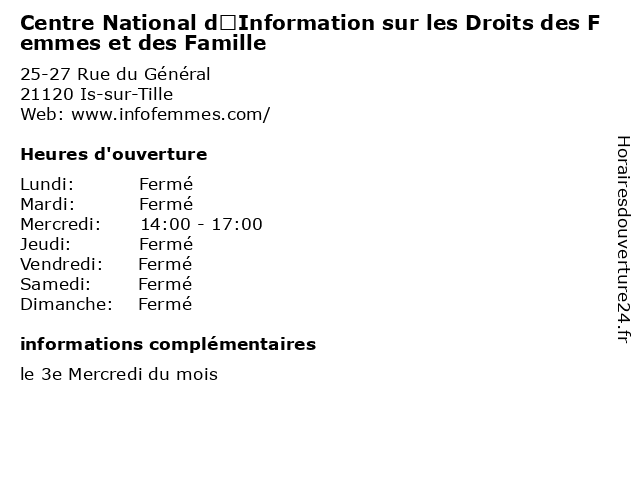 Centre National d’Information sur les Droits des Femmes et des Famille à Is-sur-Tille: adresse et heures d'ouverture