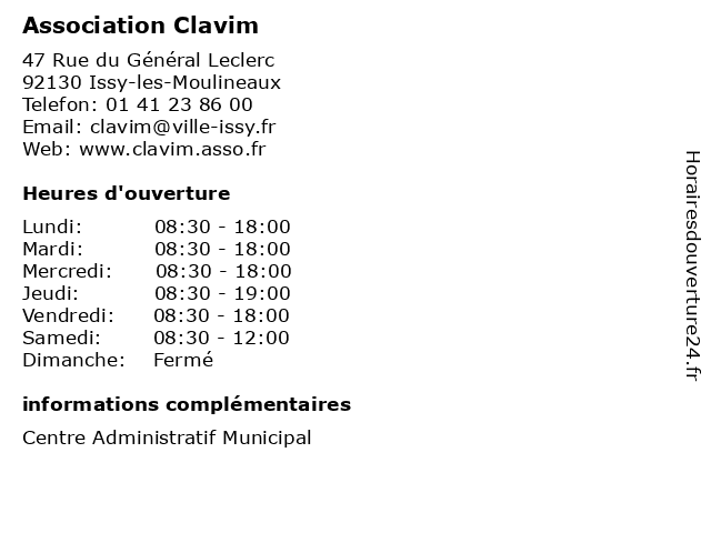 Association Clavim à Issy-les-Moulineaux: adresse et heures d'ouverture