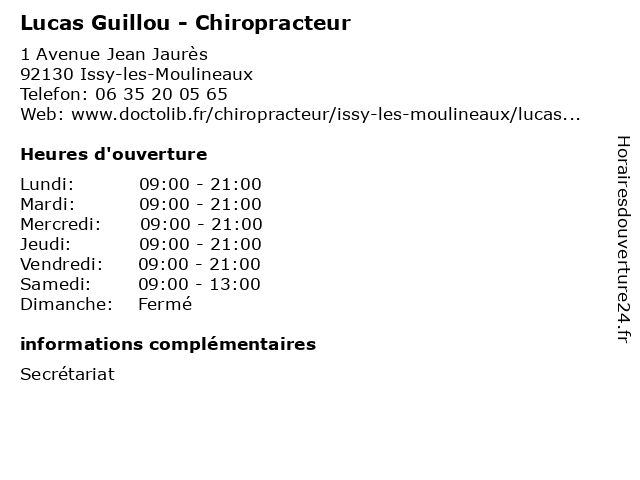 Lucas Guillou - Chiropracteur à Issy-les-Moulineaux: adresse et heures d'ouverture