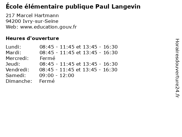 École élémentaire publique Paul Langevin à Ivry-sur-Seine: adresse et heures d'ouverture