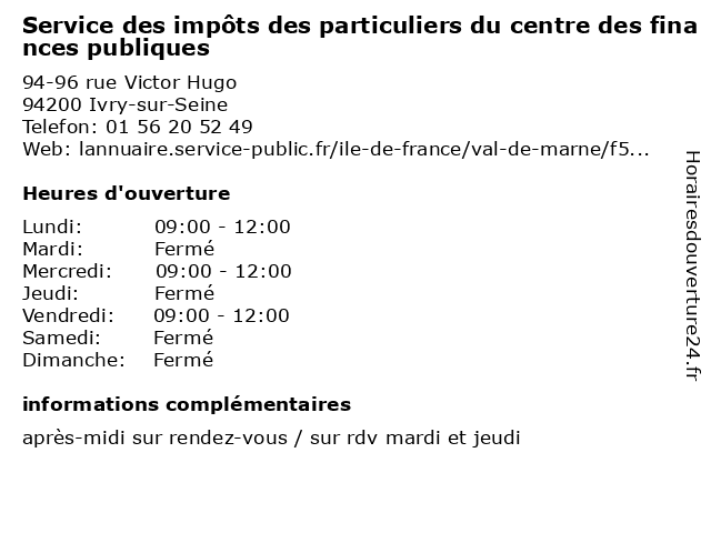 Service des impôts des particuliers du centre des finances publiques à Ivry-sur-Seine: adresse et heures d'ouverture