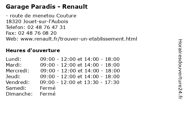 Garage Paradis - Renault à Jouet-sur-l'Aubois: adresse et heures d'ouverture