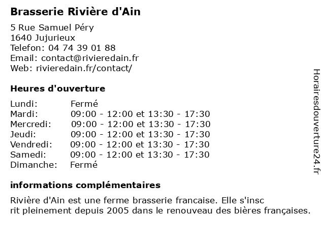 Brasserie Rivière d'Ain à Jujurieux: adresse et heures d'ouverture
