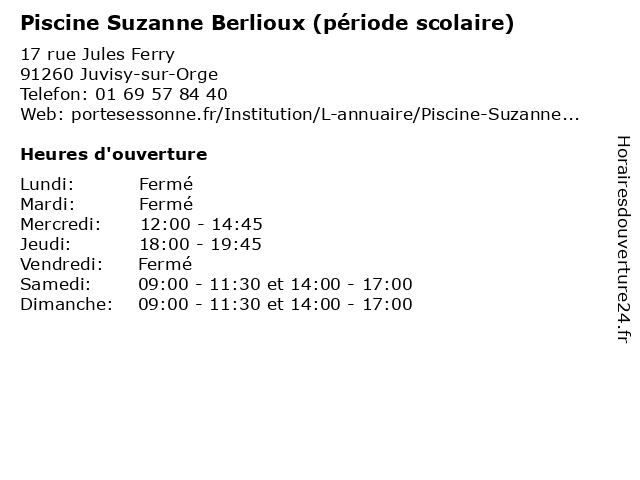 Piscine Suzanne Berlioux (période scolaire) à Juvisy-sur-Orge: adresse et heures d'ouverture