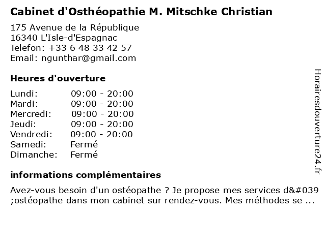 Christian Mitschke - Ostéopathe à L'Isle-d'Espagnac: adresse et heures d'ouverture