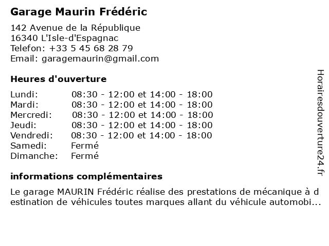 Garage Maurin Frédéric à L'Isle-d'Espagnac: adresse et heures d'ouverture