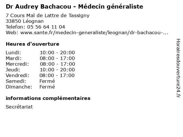 Dr Audrey Bachacou - Médecin généraliste à Léognan: adresse et heures d'ouverture