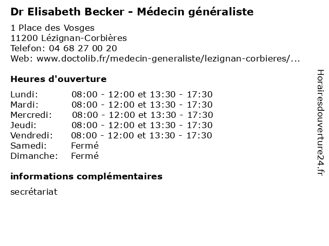 Dr Elisabeth Becker - Médecin généraliste à Lézignan-Corbières: adresse et heures d'ouverture