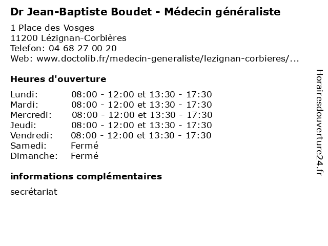 Dr Jean-Baptiste Boudet - Médecin généraliste à Lézignan-Corbières: adresse et heures d'ouverture