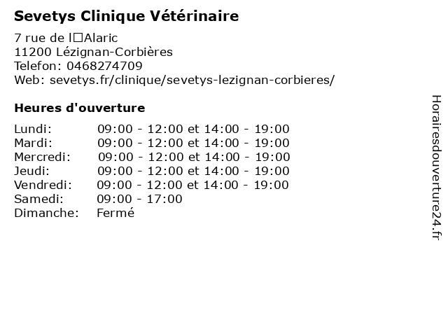 Sevetys Clinique Vétérinaire à Lézignan-Corbières: adresse et heures d'ouverture