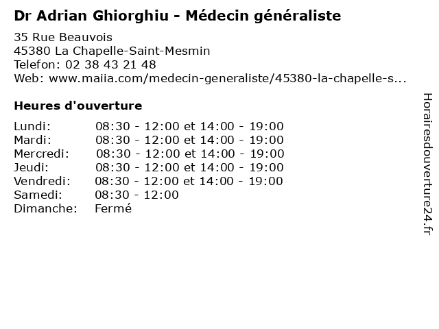 Dr Adrian Ghiorghiu - Médecin généraliste à La Chapelle-Saint-Mesmin: adresse et heures d'ouverture