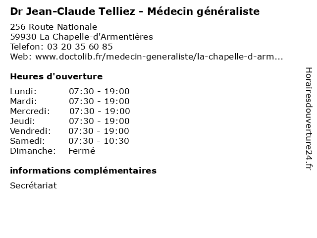 Dr Jean-Claude Telliez - Médecin généraliste à La Chapelle-d'Armentières: adresse et heures d'ouverture