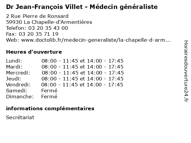 Dr Jean-François Villet - Médecin généraliste à La Chapelle-d'Armentières: adresse et heures d'ouverture