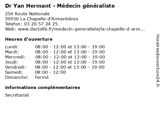 Dr Yan Hermant - Médecin généraliste à La Chapelle-d'Armentières: adresse et heures d'ouverture