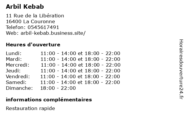 Arbil Kebab à La Couronne: adresse et heures d'ouverture
