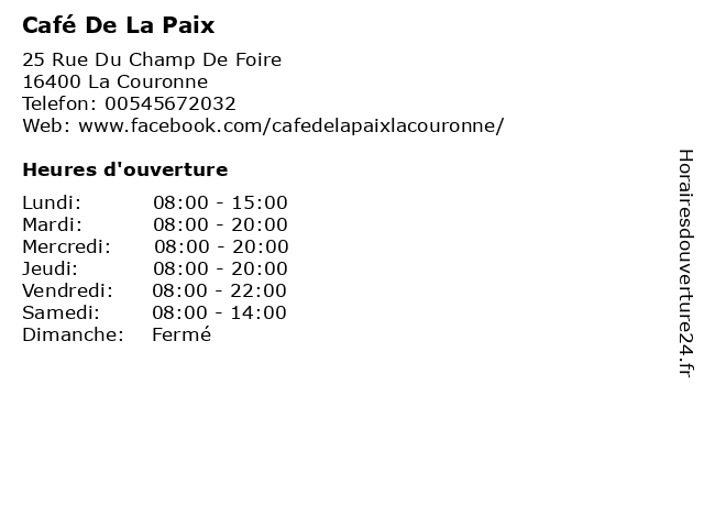 Café De La Paix à La Couronne: adresse et heures d'ouverture