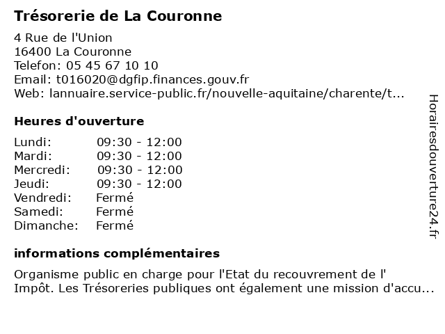 Trésorerie de La Couronne à La Couronne: adresse et heures d'ouverture