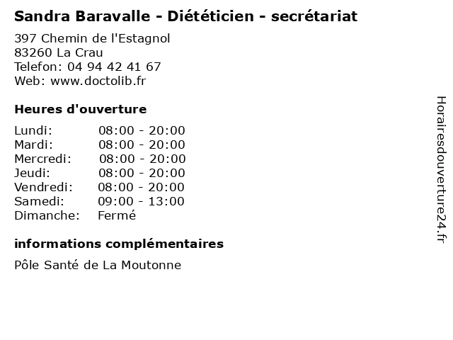 Sandra Baravalle - Diététicien - secrétariat à La Crau: adresse et heures d'ouverture