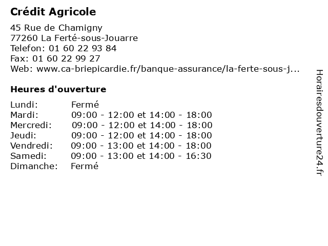 Crédit Agricole à La Ferté-sous-Jouarre: adresse et heures d'ouverture