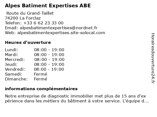 Alpes Batiment Expertises ABE à La Forclaz: adresse et heures d'ouverture