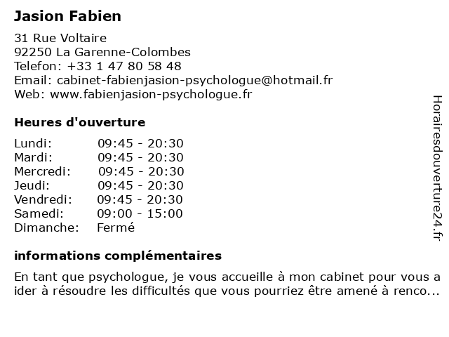 Cabinet Psy Fabien Jasion à La Garenne-Colombes: adresse et heures d'ouverture