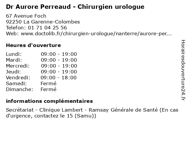 Dr Aurore Perreaud - Chirurgien urologue à La Garenne-Colombes: adresse et heures d'ouverture
