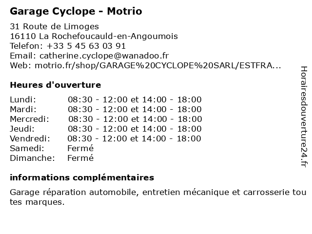 Garage Cyclope - Motrio à La Rochefoucauld-en-Angoumois: adresse et heures d'ouverture