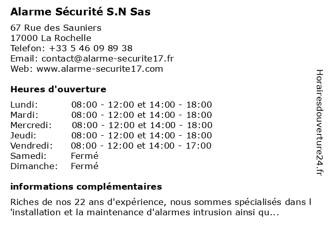 Alarme Sécurité S.N Sas à La Rochelle: adresse et heures d'ouverture