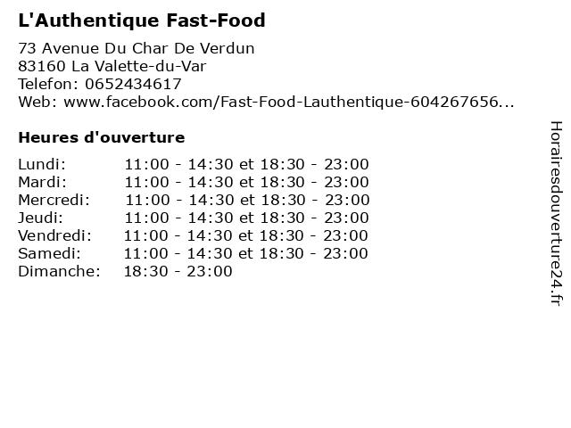 L'Authentique Fast-Food à La Valette-du-Var: adresse et heures d'ouverture
