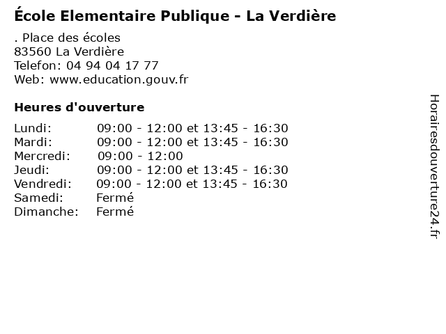 École Elementaire Publique - La Verdière à La Verdière: adresse et heures d'ouverture