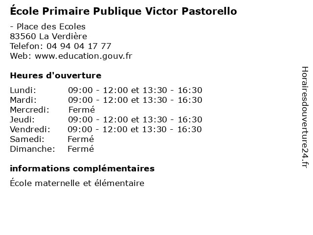 École Primaire Publique Victor Pastorello à La Verdière: adresse et heures d'ouverture