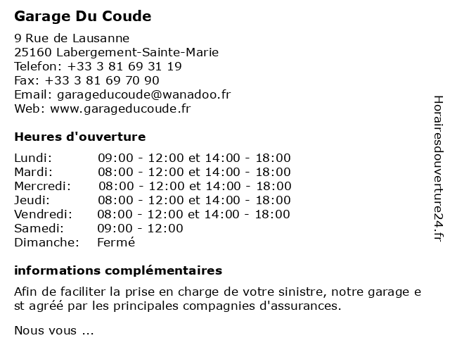 Garage Du Coude à Labergement-Sainte-Marie: adresse et heures d'ouverture
