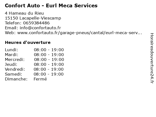 Confort Auto - Eurl Meca Services à Lacapelle-Viescamp: adresse et heures d'ouverture