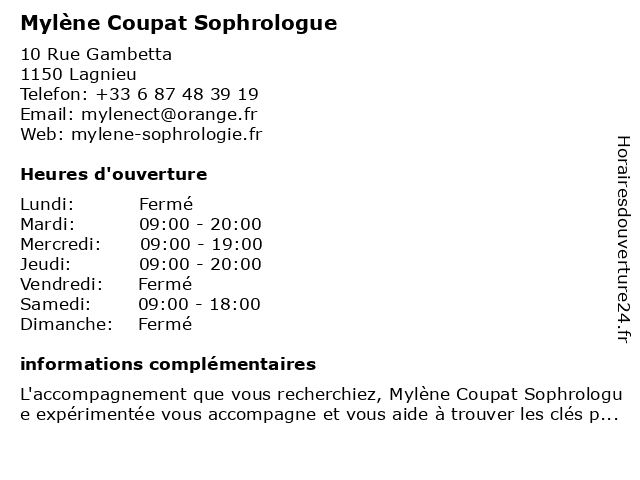 Mylène Coupat Sophrologue à Lagnieu: adresse et heures d'ouverture