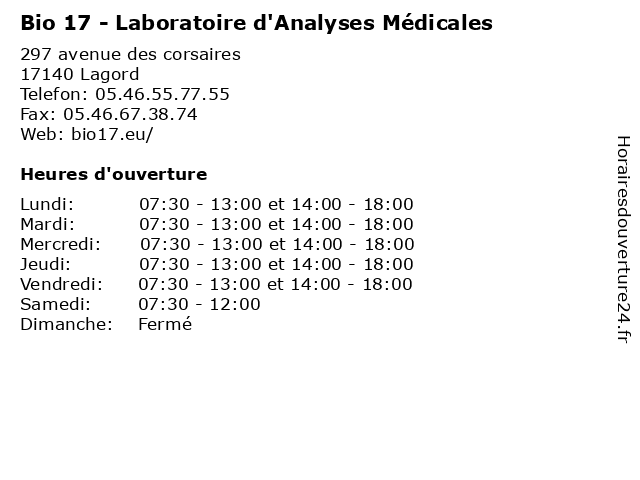 Bio 17 - Laboratoire d'Analyses Médicales à Lagord: adresse et heures d'ouverture