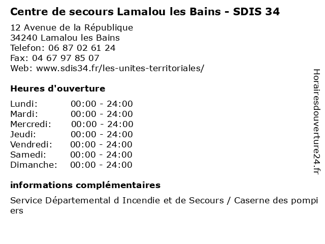 Centre de secours Lamalou les Bains - SDIS 34 à Lamalou les Bains: adresse et heures d'ouverture