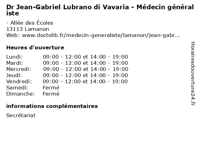 Dr Jean-Gabriel Lubrano di Vavaria - Médecin généraliste à Lamanon: adresse et heures d'ouverture