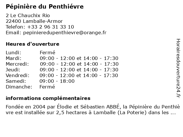 Pépinière du Penthiévre à Lamballe-Armor: adresse et heures d'ouverture