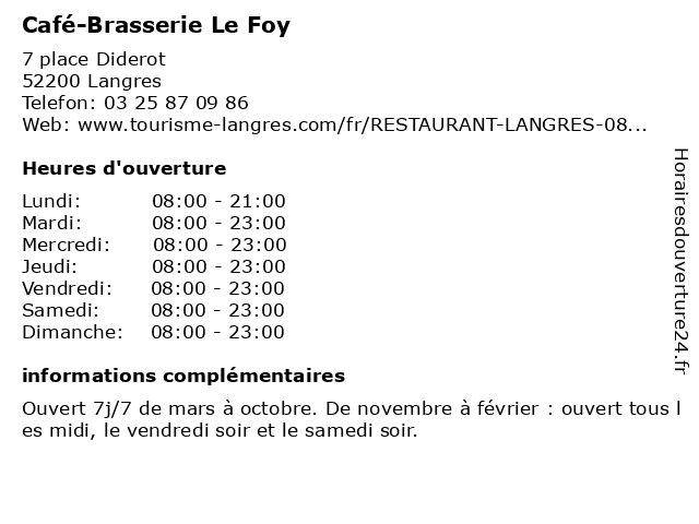 Café-Brasserie Le Foy à Langres: adresse et heures d'ouverture