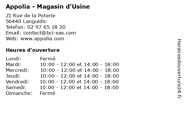 Appolia - Magasin d'Usine à Languidic: adresse et heures d'ouverture