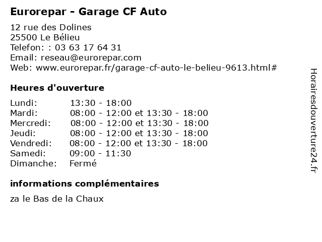 Eurorepar - Garage CF Auto à Le Bélieu: adresse et heures d'ouverture