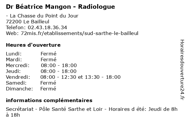 Dr Béatrice Mangon - Radiologue à Le Bailleul: adresse et heures d'ouverture