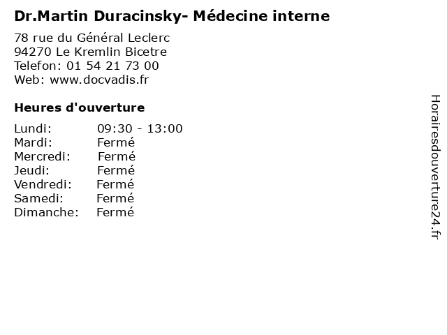 Dr.Martin Duracinsky- Médecine interne à Le Kremlin Bicetre: adresse et heures d'ouverture