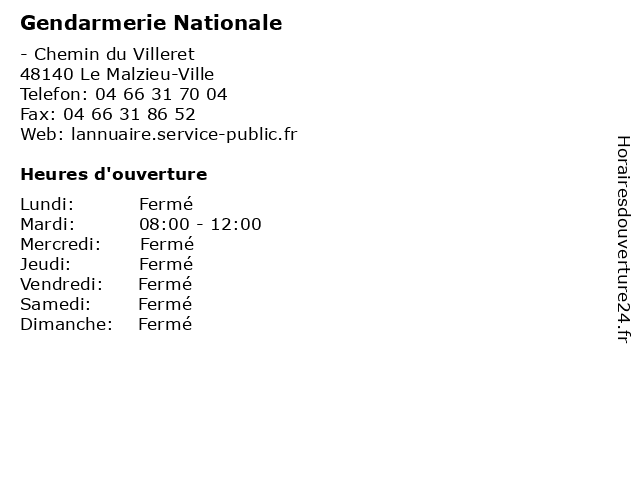 Gendarmerie Nationale à Le Malzieu-Ville: adresse et heures d'ouverture