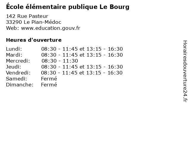 École élémentaire publique Le Bourg à Le Pian-Médoc: adresse et heures d'ouverture